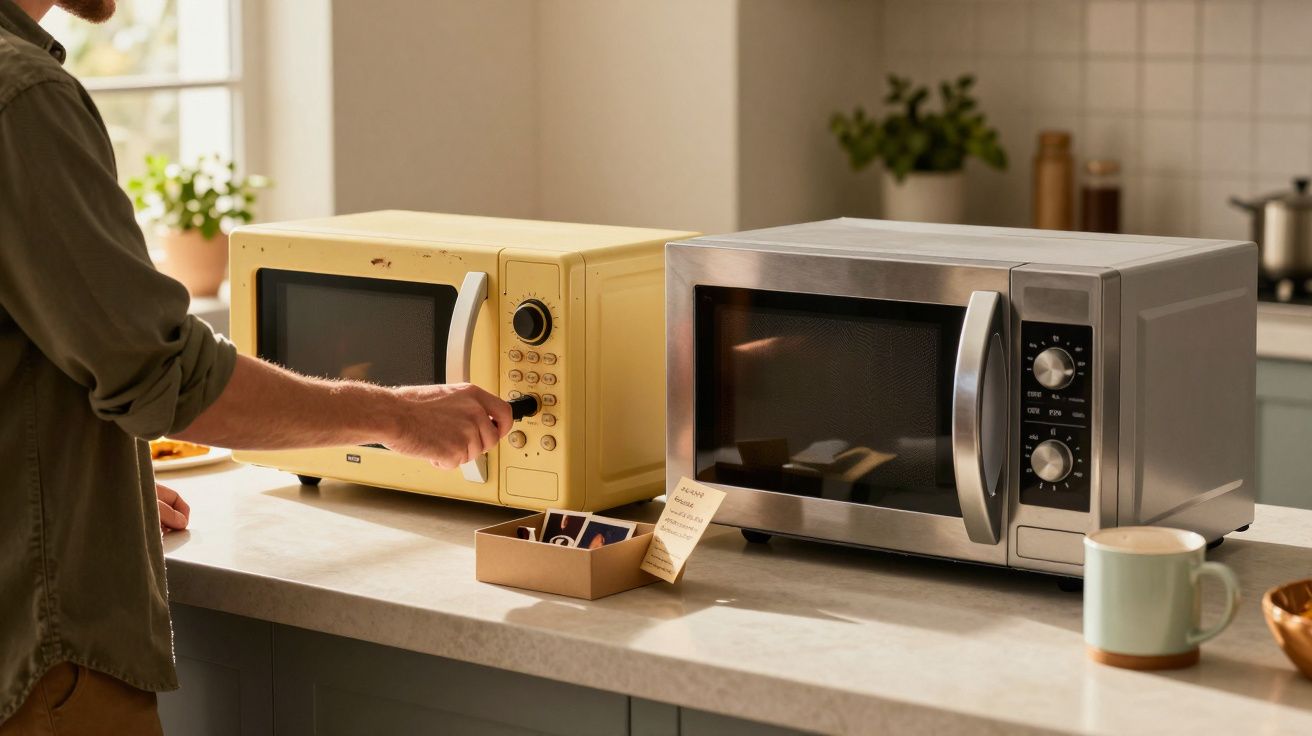 Hombre ajusta microondas amarillo junto a microondas plateado en una cocina luminosa.