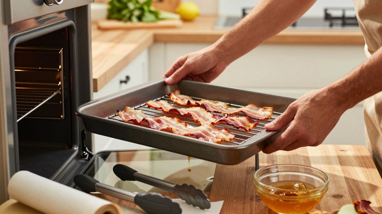 Persona colocando bandeja con tiras de bacon en un horno en una cocina moderna.