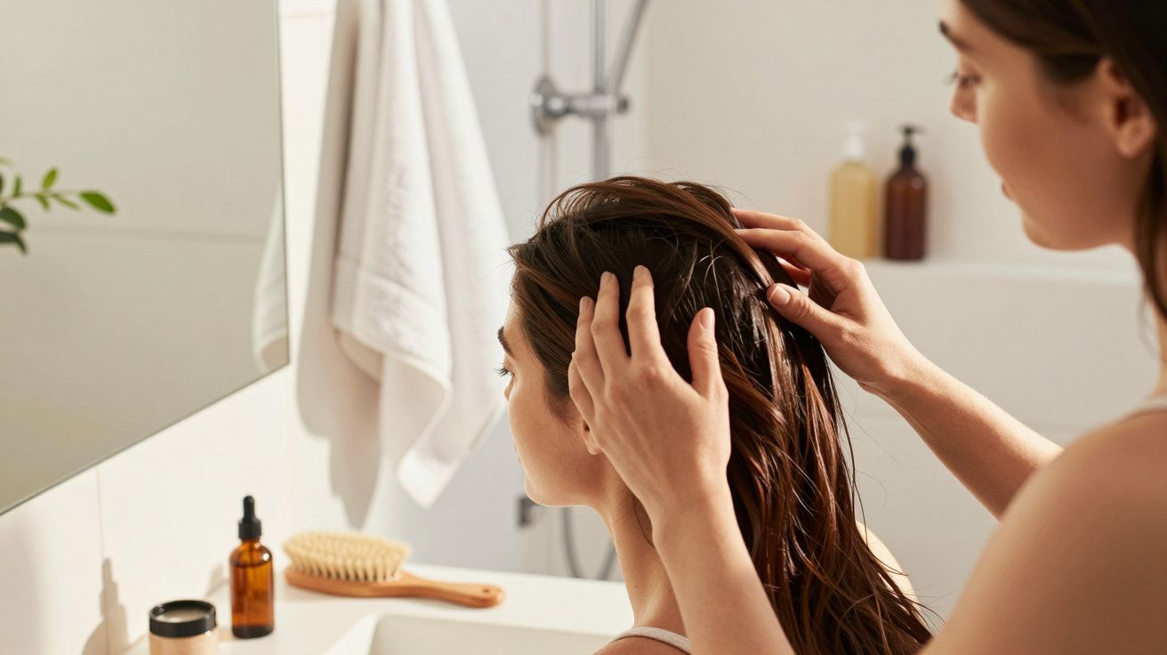 Mujer aplicando producto capilar a otra en el baño, con botellas y cepillo sobre el lavabo.