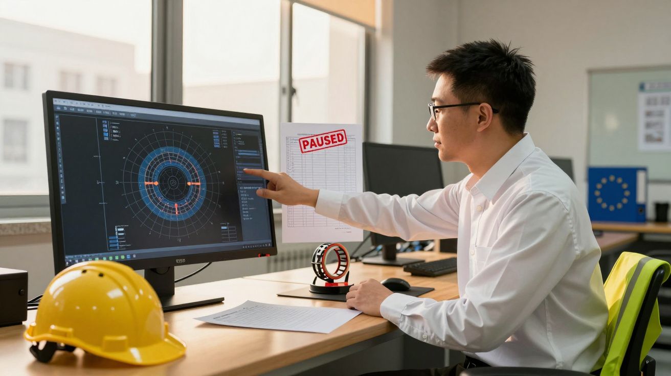 Hombre analizando gráficos en un ordenador en una oficina, con un casco de seguridad sobre el escritorio.