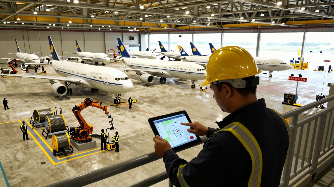 Trabajador con casco usa tablet en hangar de avión donde operan robots. Varias aeronaves estacionadas al fondo.