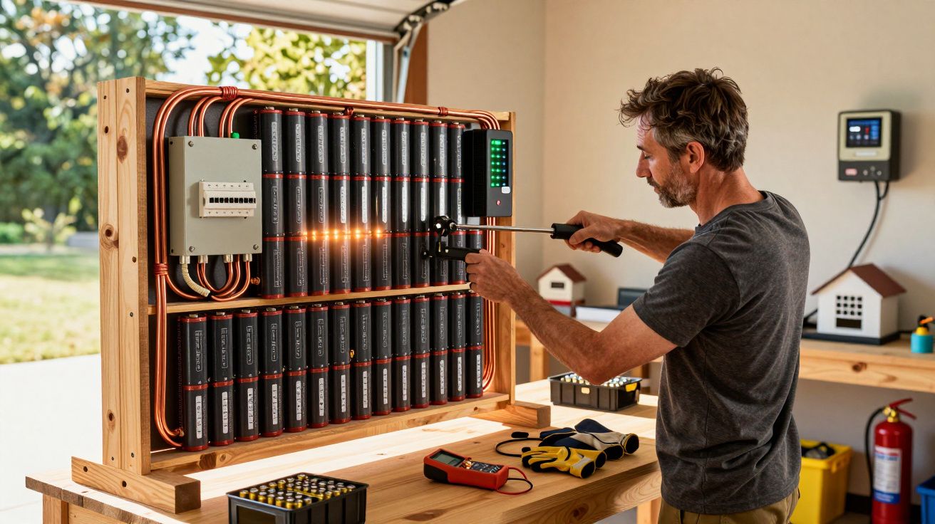 Hombre ajustando un sistema de baterías en un taller con herramientas sobre una mesa de madera.