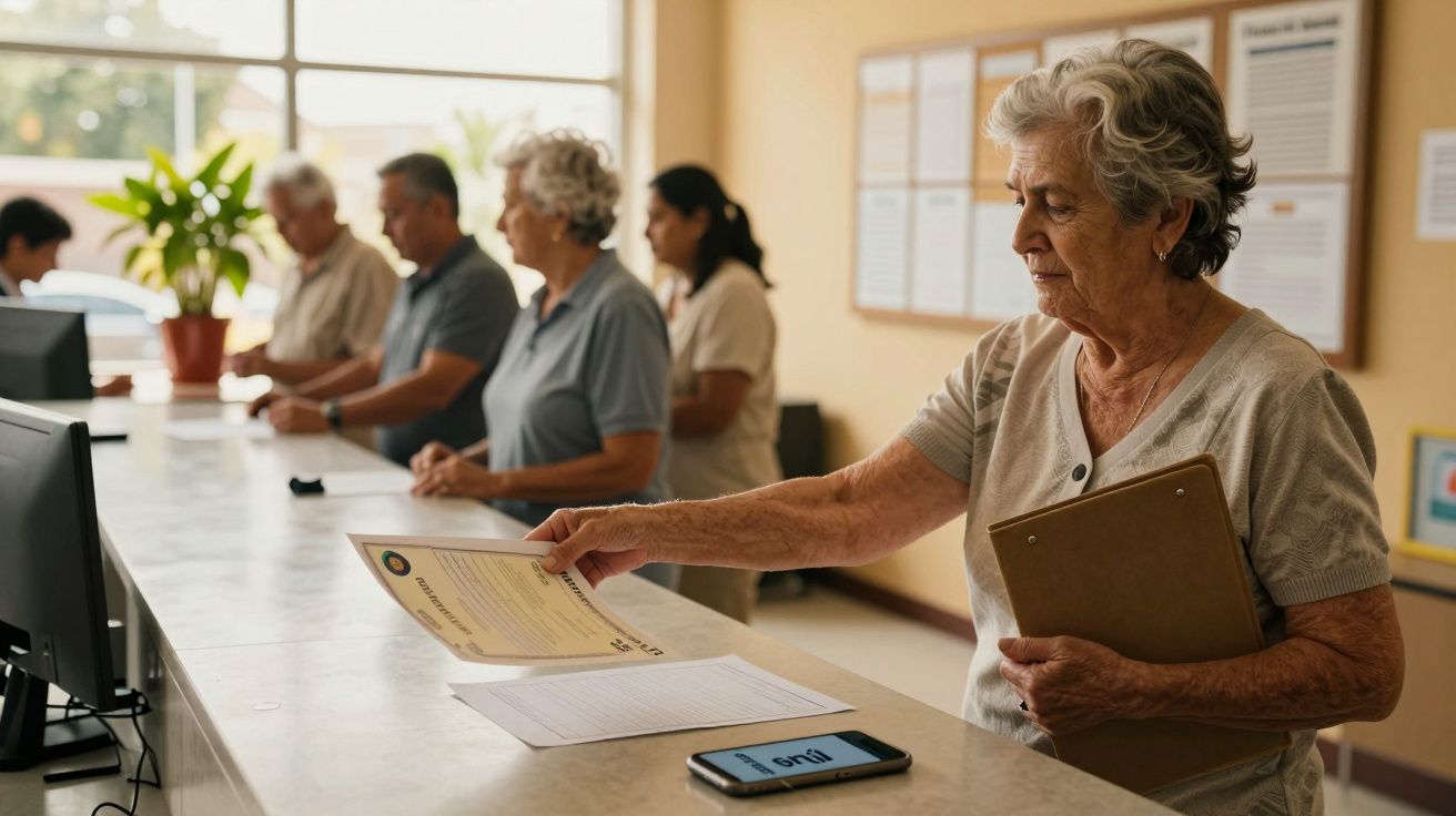 Mujer mayor entregando documento en una oficina, mientras otras personas esperan en la fila detrás de ella.