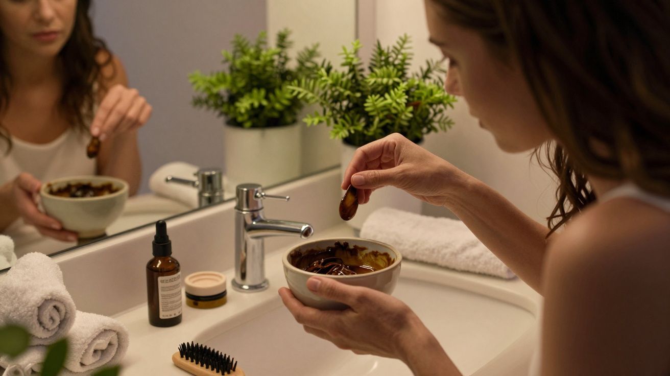 Mujer en baño preparando mezcla en bol, productos de cuidado capilar en la encimera, plantas decorativas al fondo.