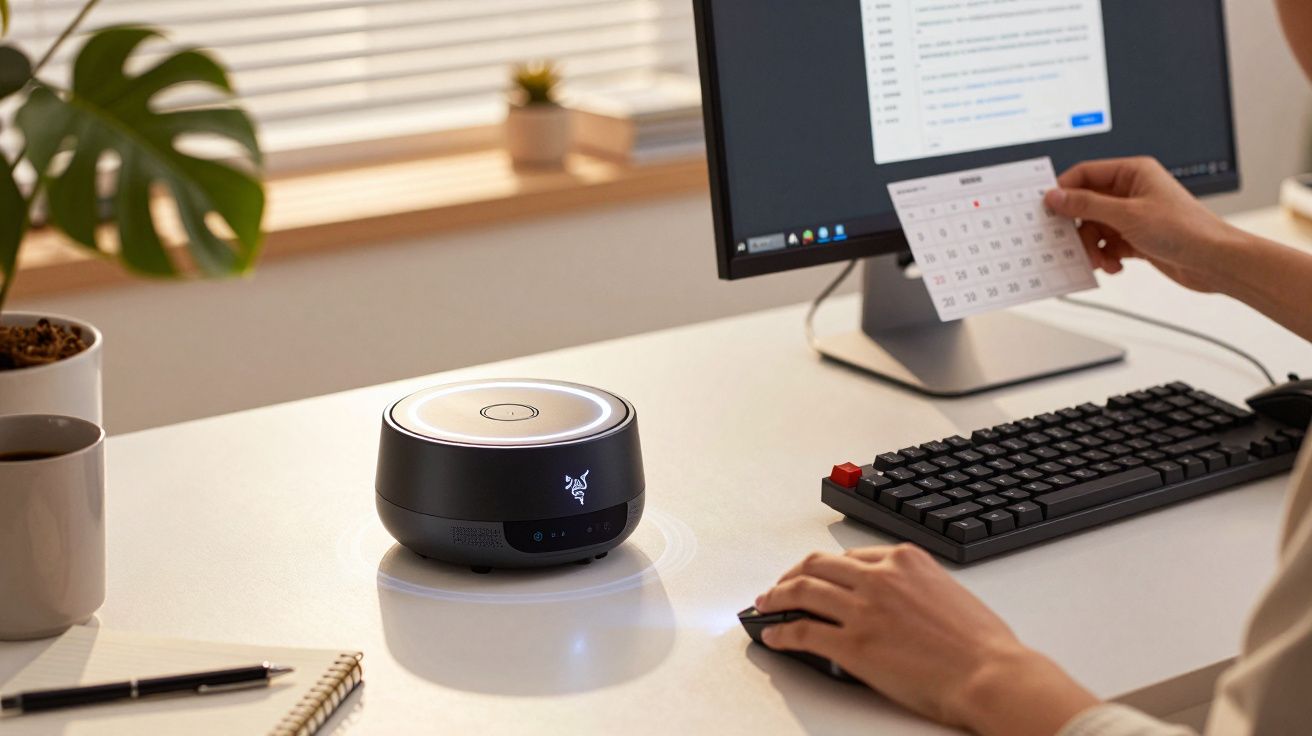 Persona revisando calendario en mesa blanca con ordenador, teclado y dispositivo circular negro.