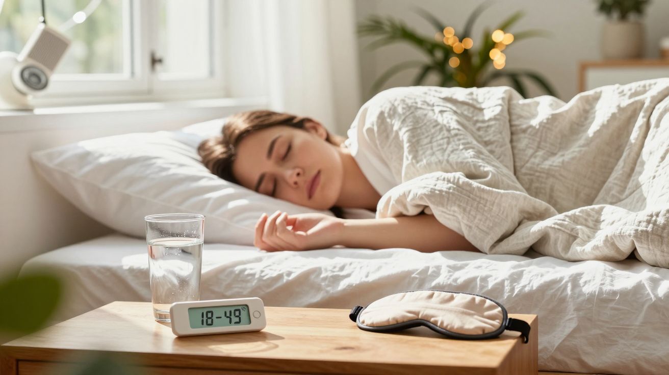 Mujer durmiendo en cama junto a una mesita con vaso de agua, reloj digital y antifaz, en una habitación iluminada.