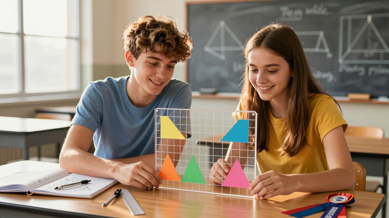Estudiantes jóvenes en clase de geometría, usando formas de colores en una rejilla, sonríen y colaboran en un aula.