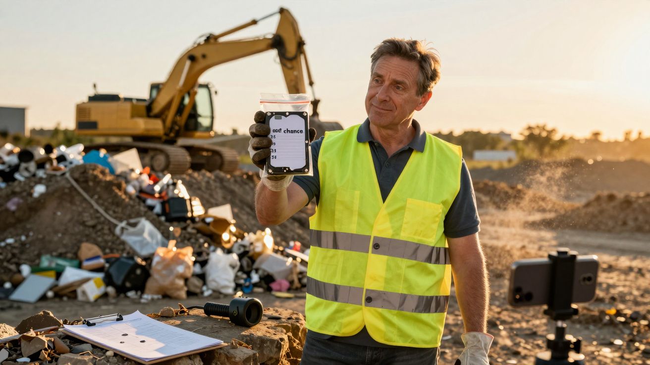 Hombre con chaleco reflectante sostiene bolsa ante un vertedero; excavadora en el fondo.