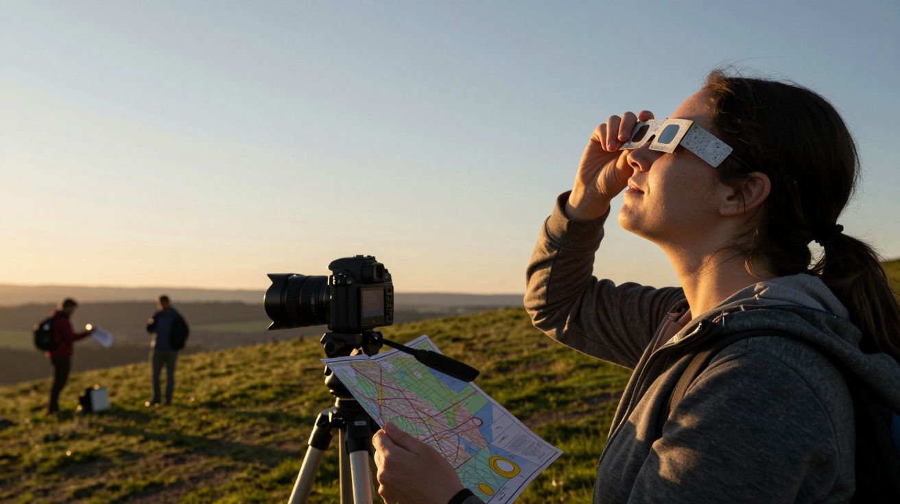 Mujer con gafas para eclipse y mapa en campo al atardecer, cámara en trípode cerca, dos personas al fondo.