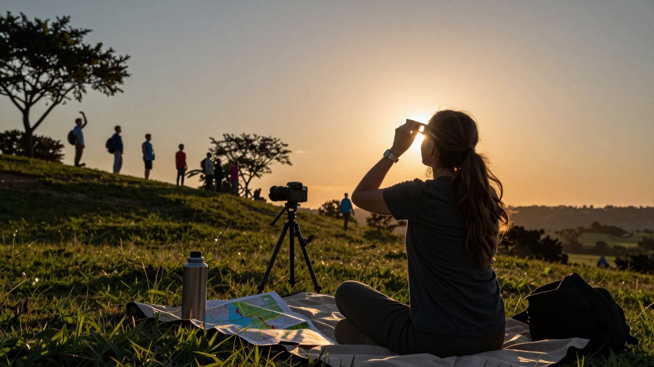 Persona sentada en un prado al atardecer con una cámara, mapa y botella, mirando el sol. Personas caminando en el fondo.