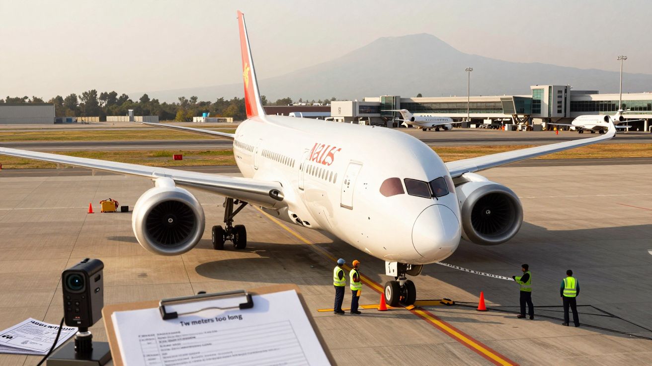 Avión estacionado en la pista de un aeropuerto con personal de tierra alrededor y montaña de fondo.