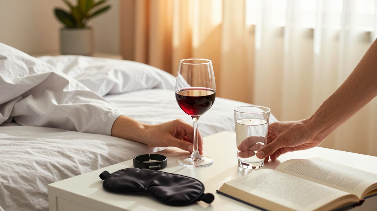 Mano tomando una copa de vino en una mesilla, junto a un vaso de agua, un libro abierto y un antifaz negro.