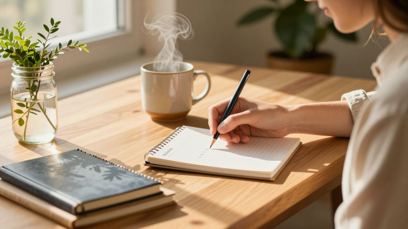 Persona escribiendo en un cuaderno junto a una taza humeante y una planta sobre una mesa de madera iluminada por el sol.