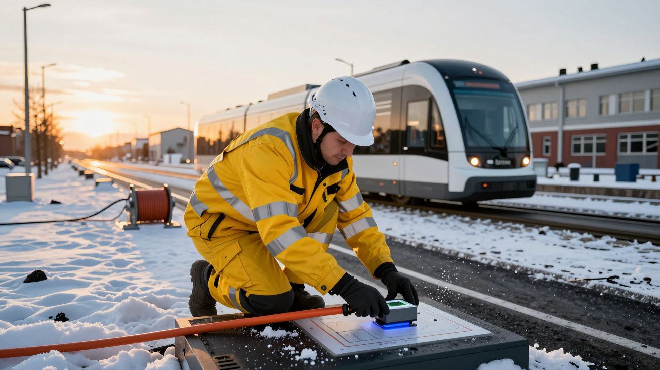 Trabajador en uniforme amarillo revisa equipo en vía nevada, mientras un tranvía avanza en segundo plano al amanecer.