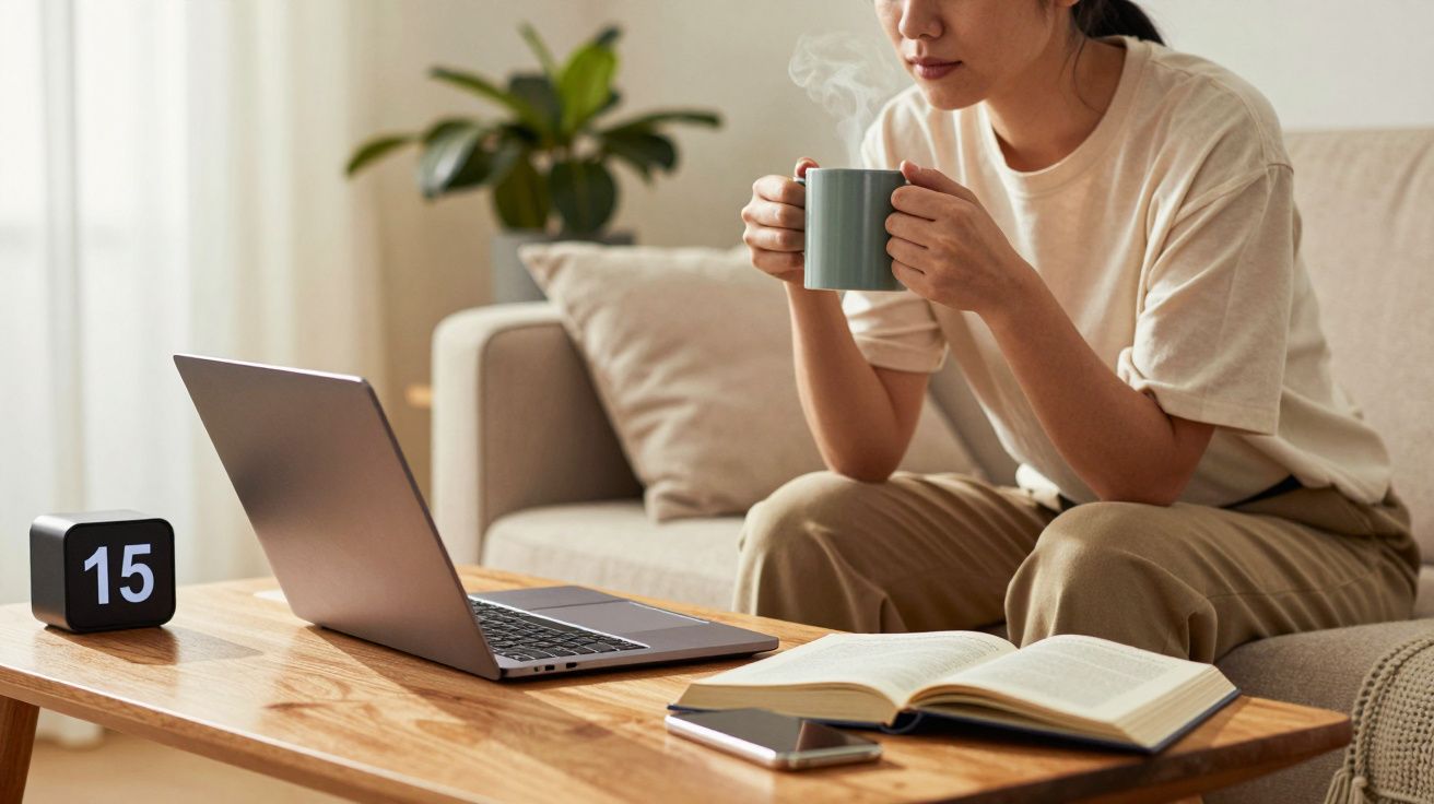 Persona tomando café frente a un portátil en una mesa de sala, con un libro abierto y un reloj digital mostrando "15".