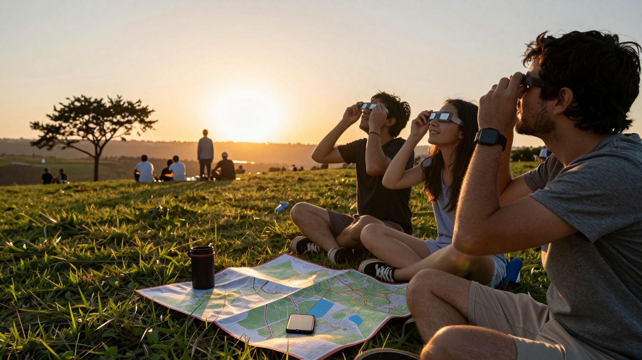 Personas observando un atardecer con gafas especiales, sentadas sobre hierba con un mapa y un móvil en el suelo.