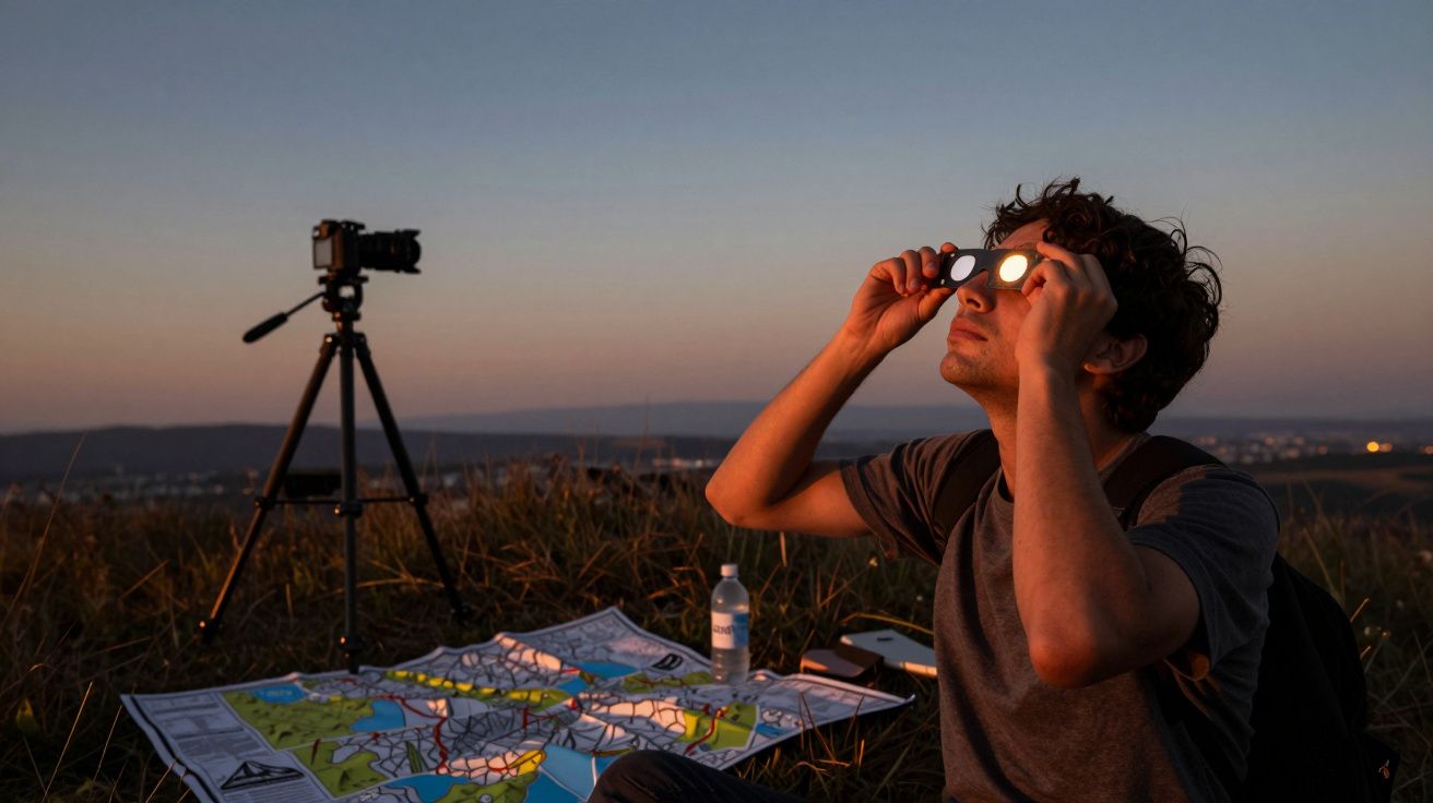 Hombre observa el cielo al atardecer con gafas de sol. Cámara en trípode y mapas en el suelo.