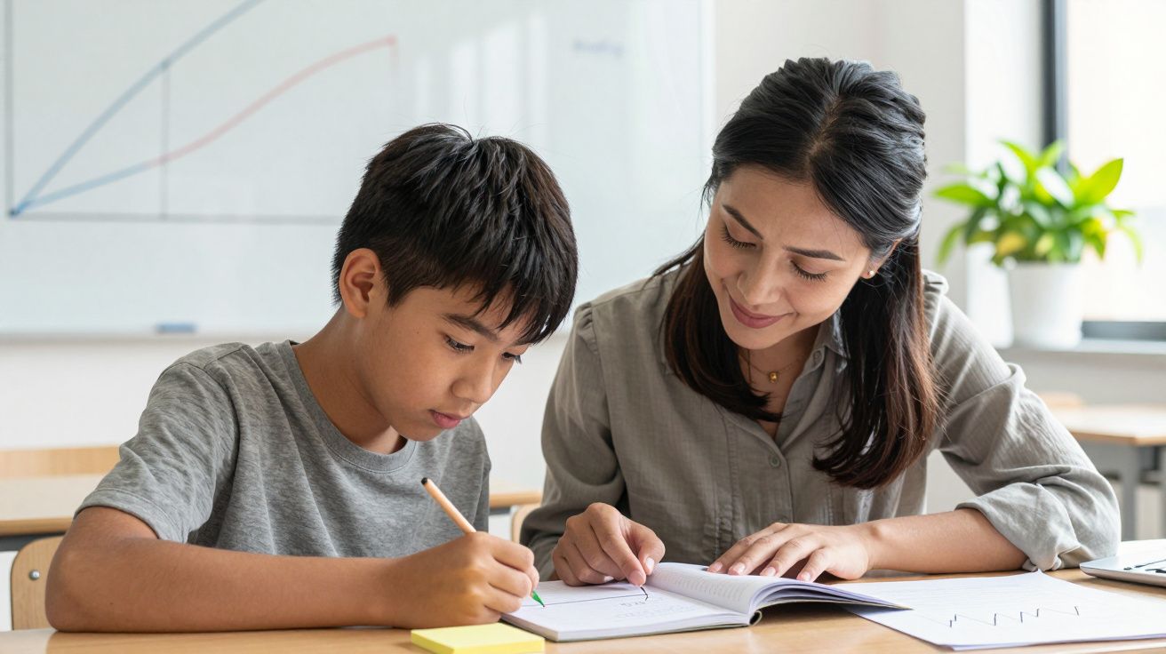 Mujer ayudando a un niño a estudiar en un aula, ambos concentrados en el cuaderno sobre la mesa.