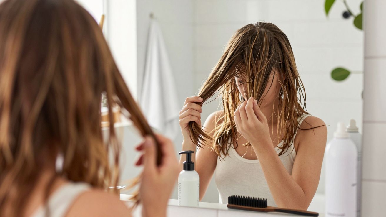 Mujer secándose el cabello mojado frente a un espejo en el baño. Botellas de productos para el cabello y cepillo visibles.