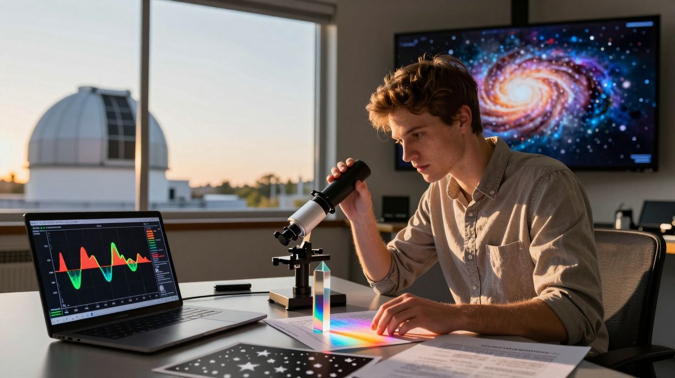 Estudiante observando un prisma bajo un microscopio, con gráficos en un portátil y una galaxia proyectada al fondo.
