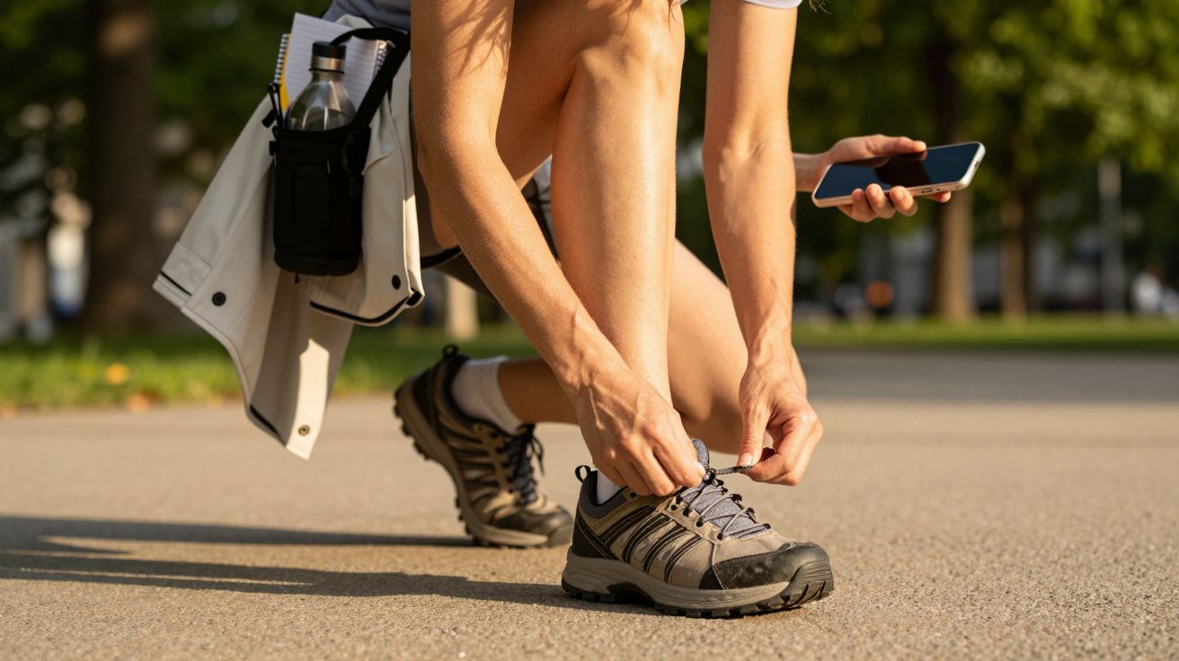 Persona atándose las zapatillas de senderismo mientras sostiene un móvil en un camino al aire libre.