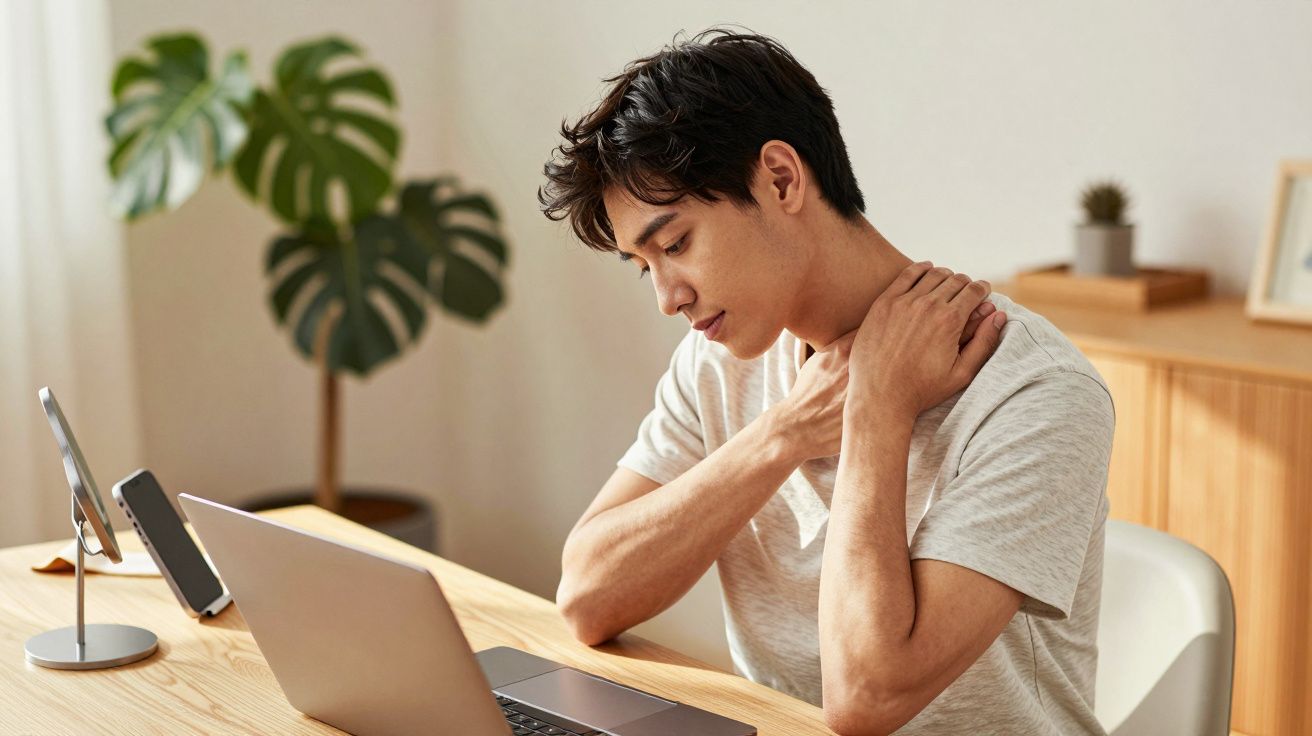 Hombre en camisa gris sentado frente a un portátil, masajeando su cuello en una oficina con luz natural y plantas.