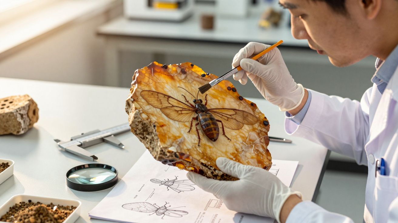 Científico examina un fósil de insecto en ámbar, usando guantes y pincel. Fondo con herramientas de laboratorio.