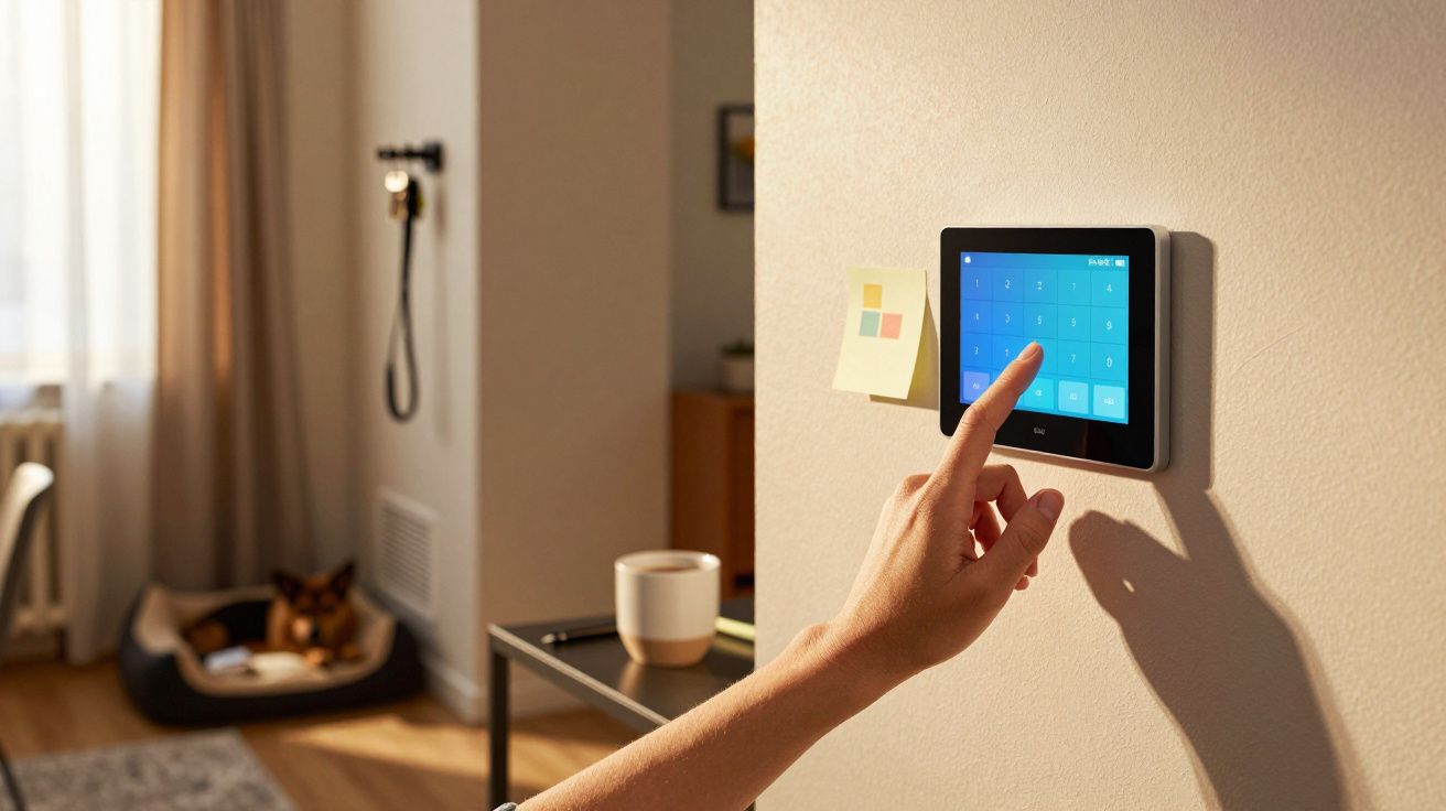 Persona ajustando un termostato inteligente en la pared de una sala de estar.