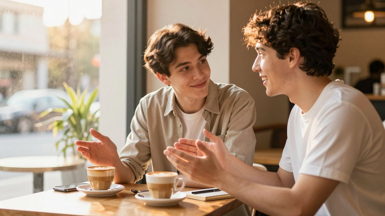 Dos personas hablando amistosamente en una cafetería, con tazas de café y luz natural entrando por la ventana.