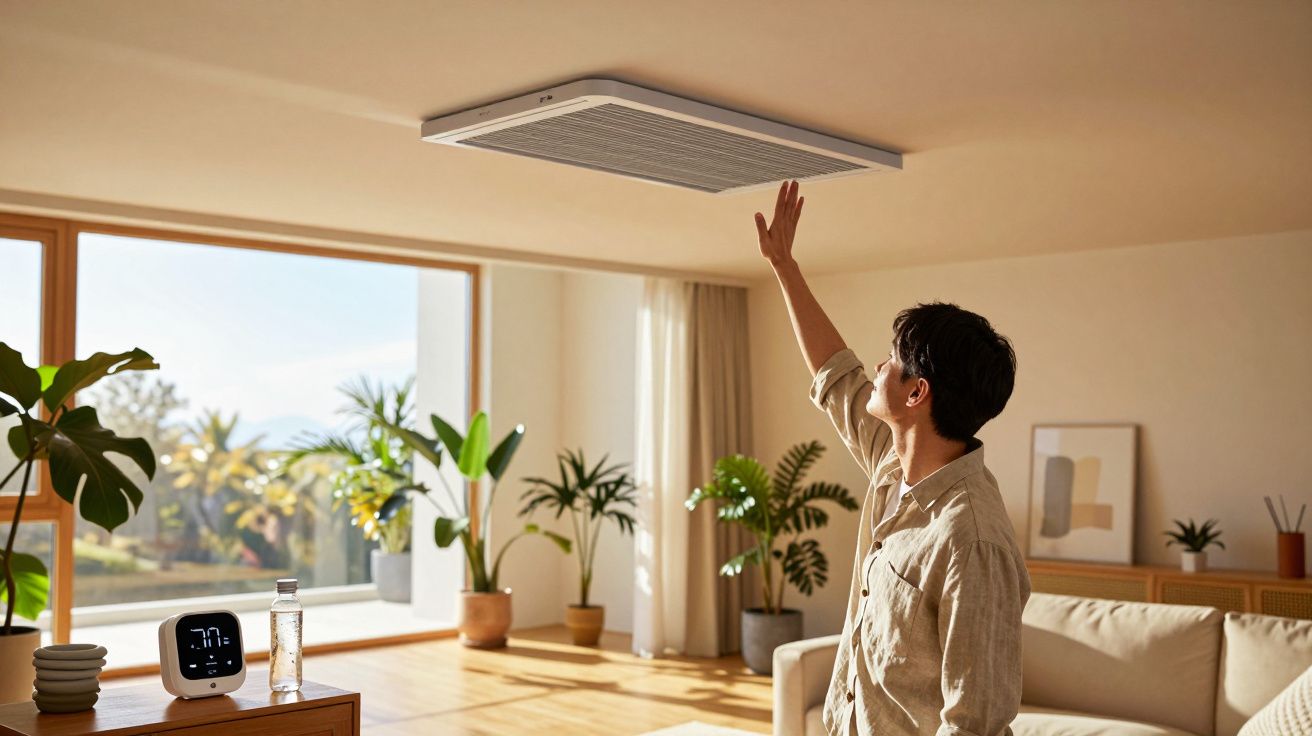 Persona tocando aire acondicionado en techo de sala luminosa, con plantas y grandes ventanas.