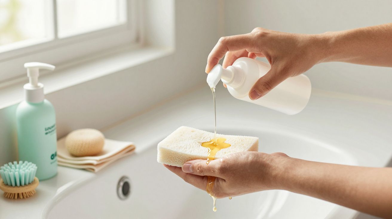 Manos vertiendo jabón líquido en una esponja sobre un fregadero, con dispensadores y utensilios de limpieza alrededor.