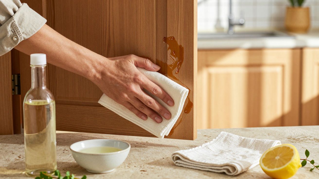 Mano limpiando una puerta de madera con un paño, cerca de una botella de vinagre y medio limón sobre la encimera.
