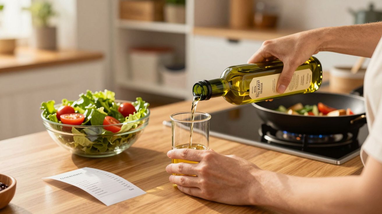 Persona vertiendo aceite en un vaso en una cocina, junto a ensalada con tomates y sartén al fuego.