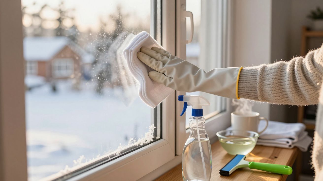 Mano limpiando ventana con paño blanco y guantes. Botella de spray y taza en un banco cercano. Exterior nevado visible.