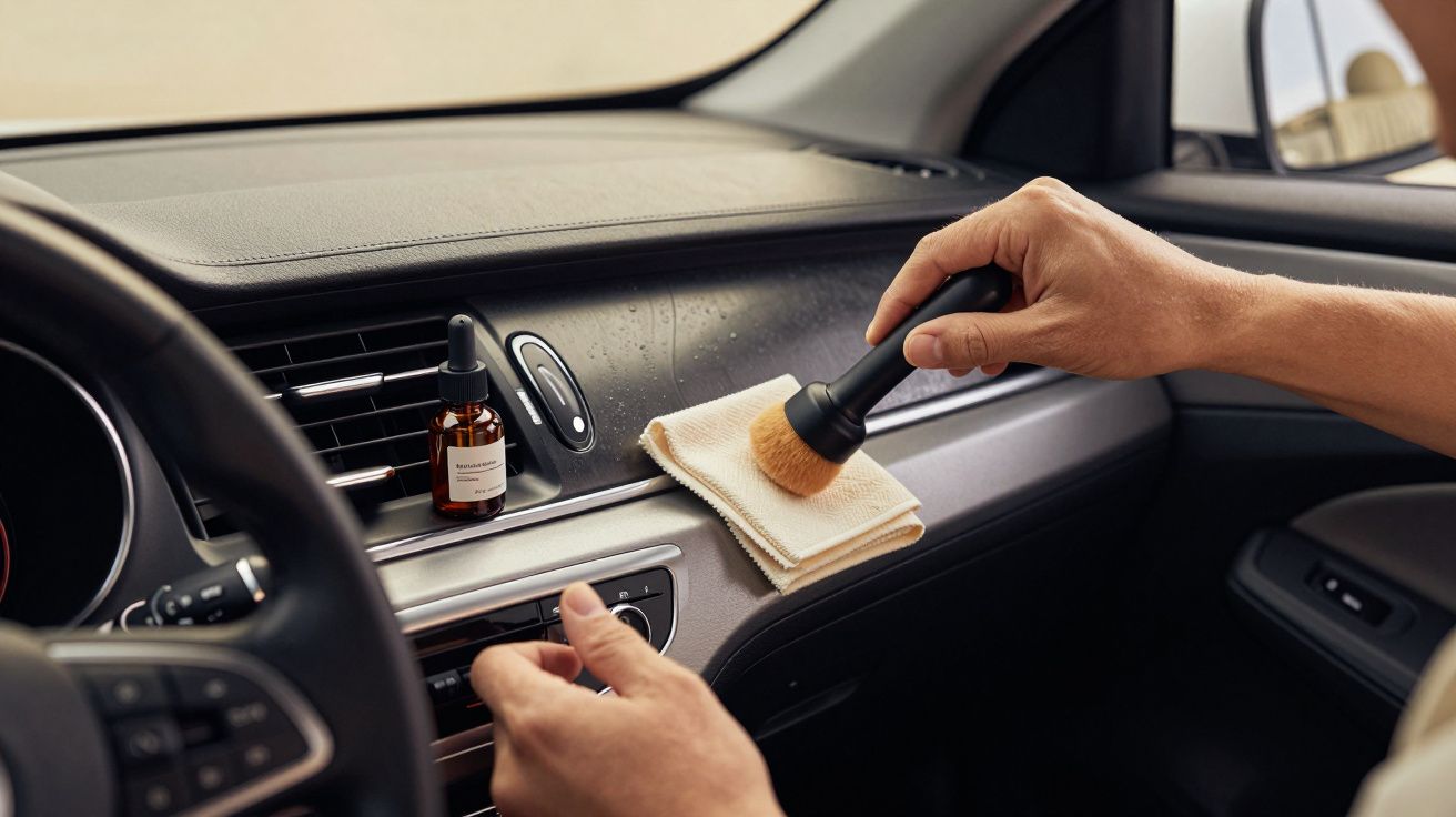 Manos limpiando el salpicadero de un coche con un cepillo y paño, junto a una botella de producto de limpieza.