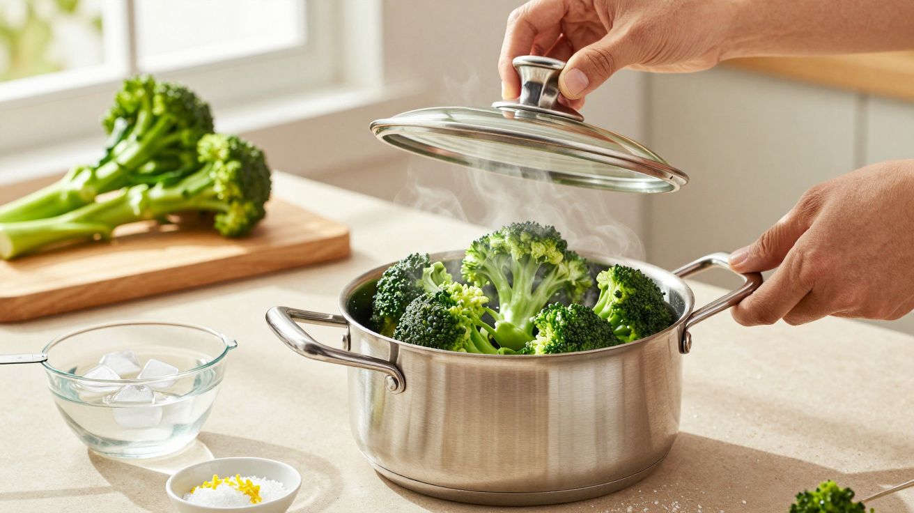Manos destapan una olla con brócoli al vapor en una cocina iluminada, con ingredientes al fondo sobre la encimera.