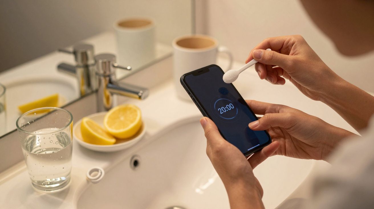 Persona limpiando un móvil con bastoncillo, cerca de un lavabo, un vaso con rodajas de limón y una taza.