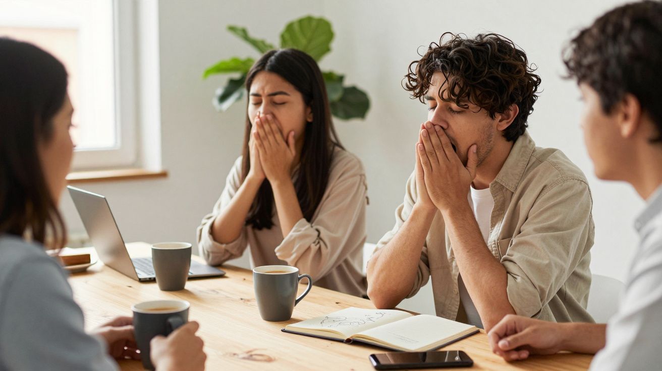 Personas cansadas en una reunión, cubriéndose la boca al bostezar. Café y cuadernos sobre la mesa.