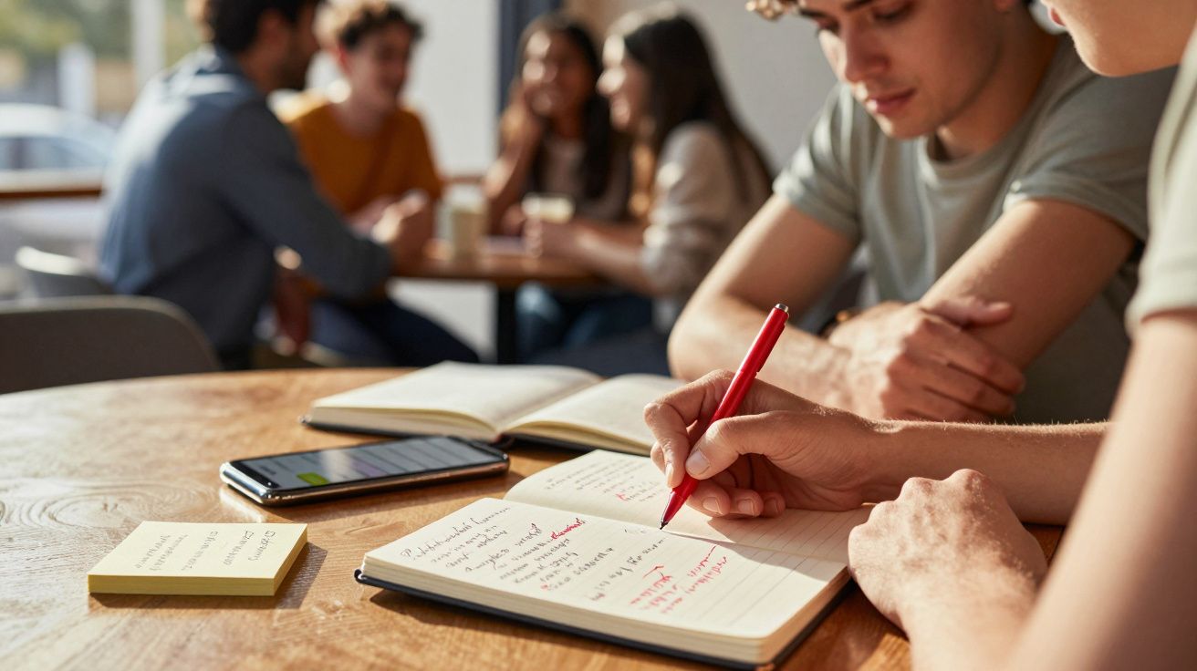 Personas estudiando en una cafetería, escribiendo en cuadernos y utilizando un móvil sobre la mesa de madera.