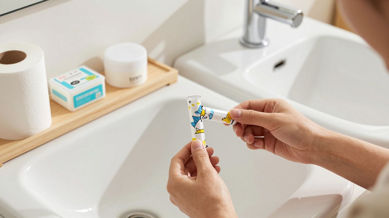 Manos sosteniendo pasta de dientes decorada en un baño con lavabo blanco, papel higiénico y jabón en una repisa.