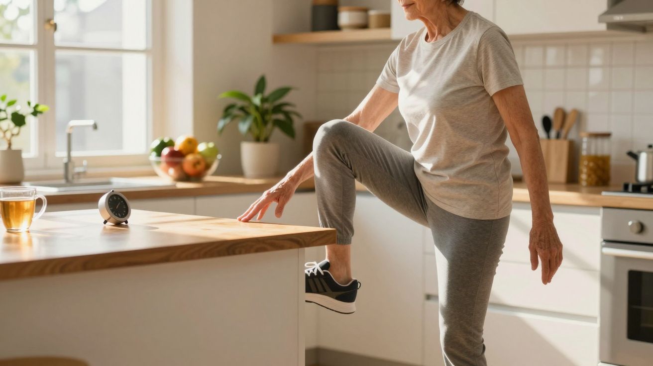 Mujer mayor haciendo ejercicio en la cocina, levantando la pierna sobre una encimera de madera junto a una taza y un reloj.