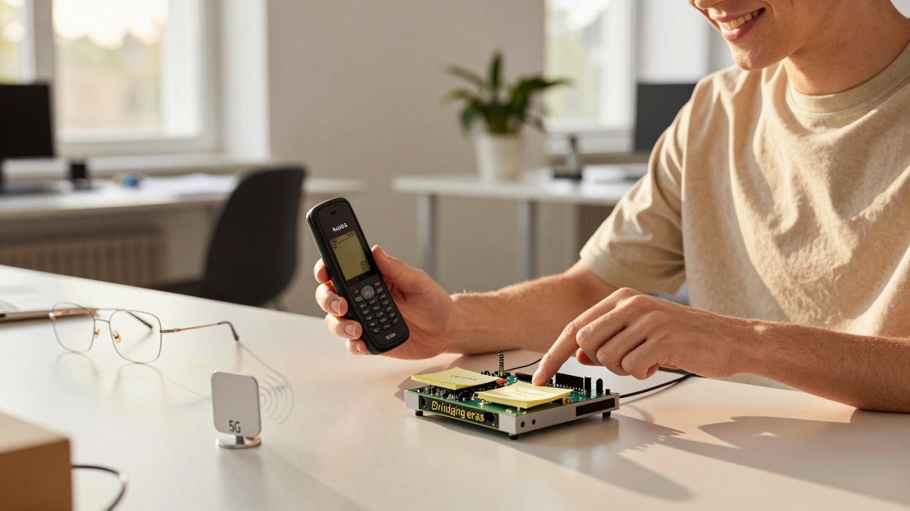 Persona sonriendo mientras manipula un dispositivo electrónico y sostiene un teléfono móvil en una oficina.