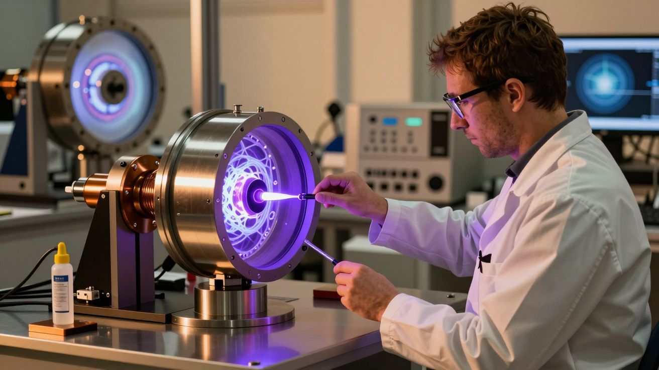 Científico en laboratorio trabaja con un dispositivo cilíndrico iluminado en púrpura, usando herramientas de precisión.