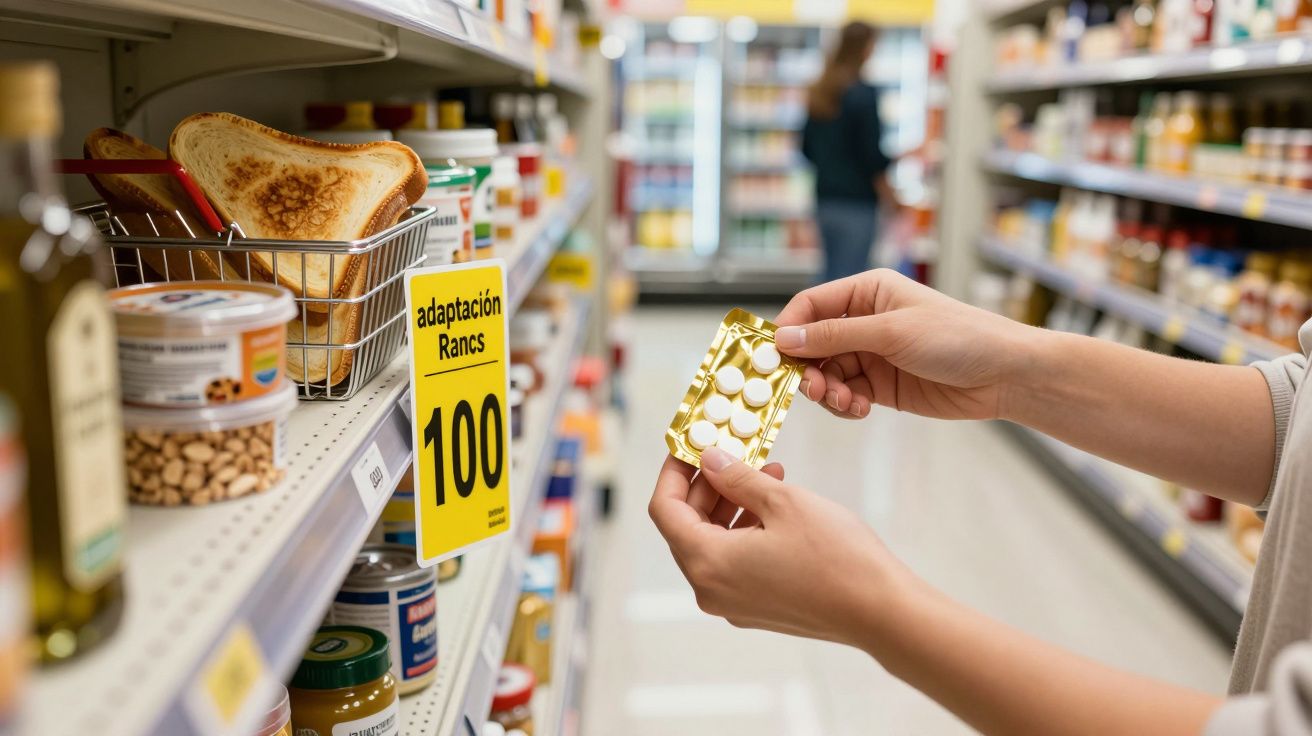 Persona sosteniendo pastillas en un supermercado, con estanterías llenas de productos y cartel de precio visible.