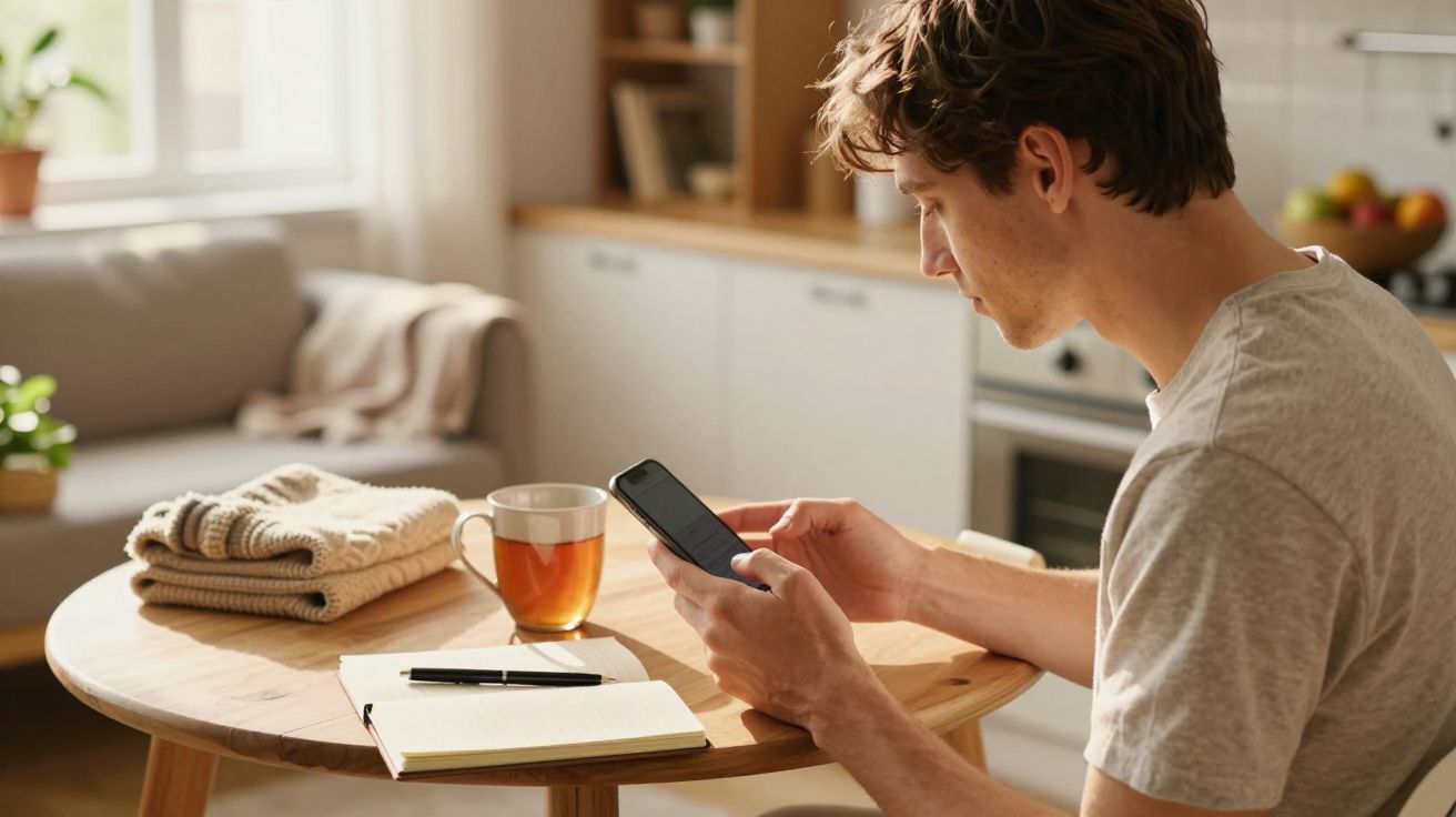 Hombre joven mira su móvil en la cocina, con taza de té y cuaderno en mesa. Ambiente soleado y acogedor.