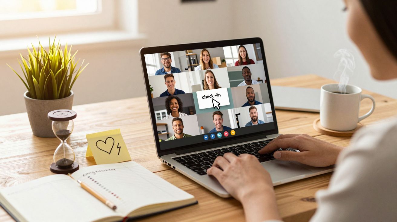 Persona en videollamada grupal desde un portátil, con planta, cuaderno y taza en una mesa de madera.