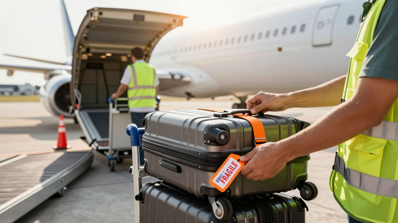 Trabajadores de aeropuerto cargando equipaje etiquetado como frágil en la cinta transportadora de un avión.