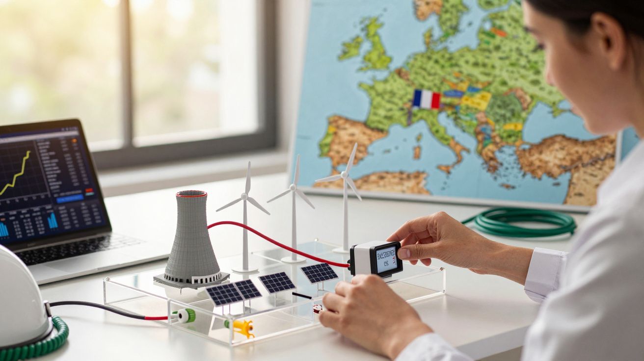 Persona manipulando maqueta de energía renovable con turbinas eólicas y paneles solares, mapa de Europa al fondo.