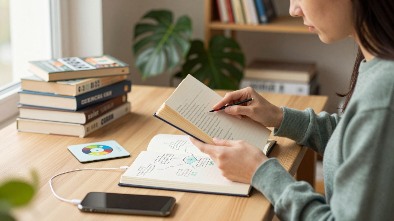 Mujer tomando apuntes en un cuaderno mientras lee un libro, con un móvil y libros cerca en un escritorio de madera.