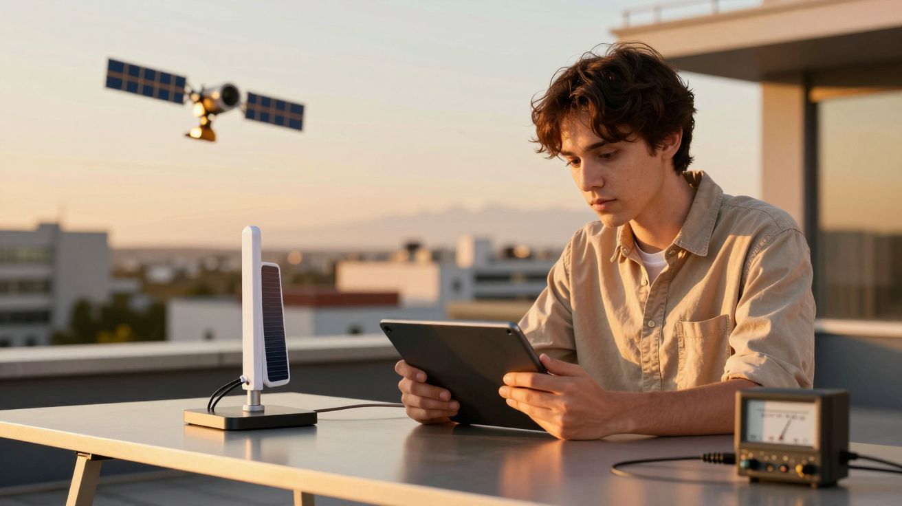 Joven en azotea usando una tablet con un modelo de satélite y un dispositivo conectado en el atardecer.